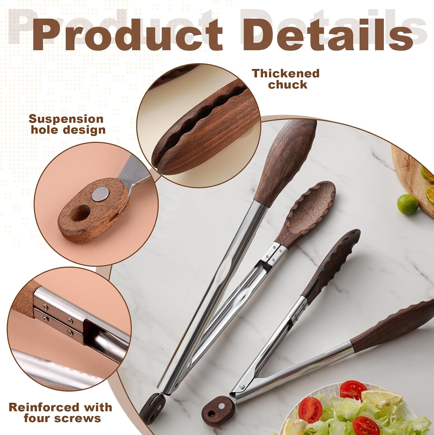 2 PcsWooden Tongs For Cooking,Walnut Wooden Kitchen Tongs