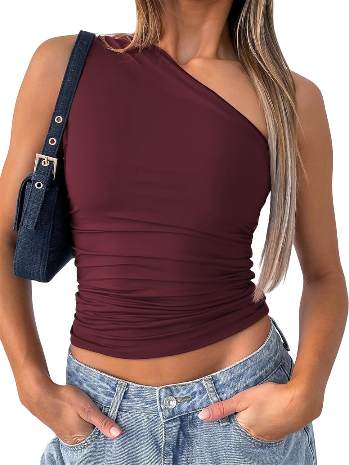 ForeFair Women One Shoulder Going Out Crop Tank Tops Slim Fit Sleeveless Shirts Y2k Cute Top