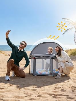 Ever Advanced Foldable Baby Playpen with 3cm Mat, Baby Beach Tent with 180 Rotatable Canopy, Outdoor & Indoor Playpen, Folding Kids Beach Tent with Sunshade, Portable Playard for Babies, Toddler Grey