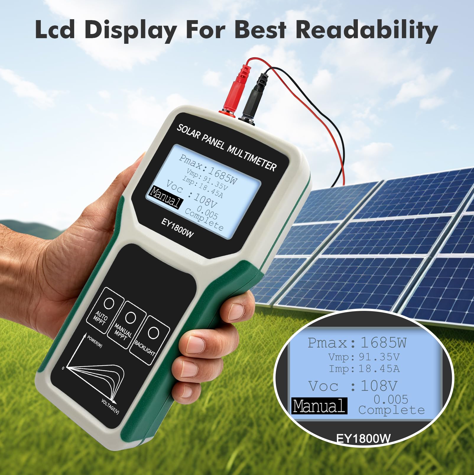 Solarpanel MPPT Tester 1800W, Photovoltaik Multimeter mit LCD-Display für 20-120V 60A, PV-Leistungsmesser mit Überhitzungs-/Überspannungs-/Überstromschutz für Solarmodule