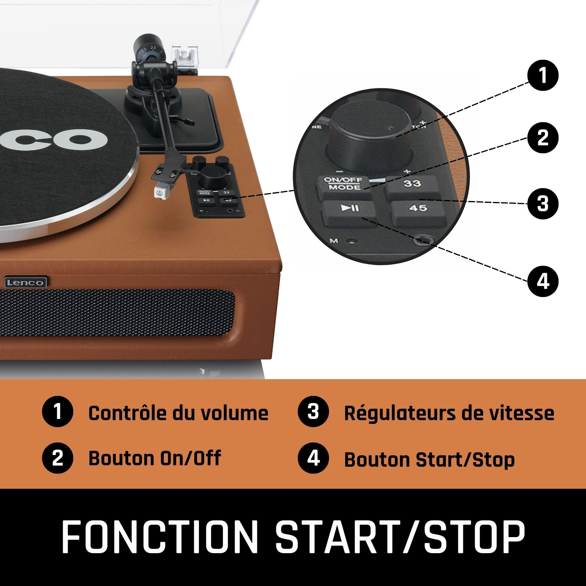 Lenco LS-430 Vinyle, Platine Vinyle, Tourne Disque, Platine Vinyle Bluetooth - haut-parleurs intégrés 40 W RMS - entraînement par courroie - contrôle de tonalité - préampli - RCA et AUX - marron