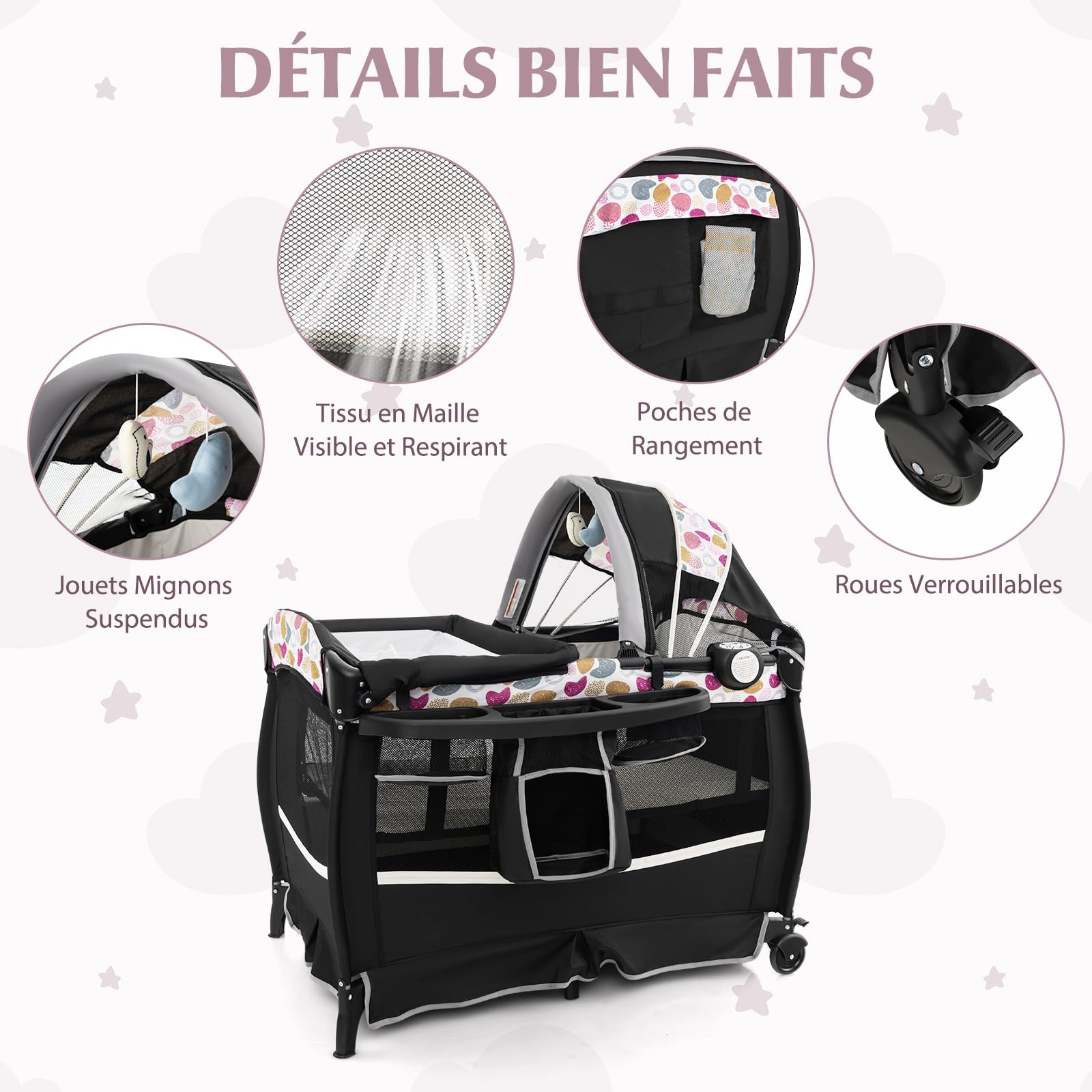 DREAMADE Lit Parapluie Bébé avec Matelas,4 en 1 Lit de Voyage 102x73x80CM Tout-Petites 0-3Ans avec Roues Verrouillables,Auvent Réglable,Poche,Porte-Couches,Sac de Transport (Noir+Cercle)