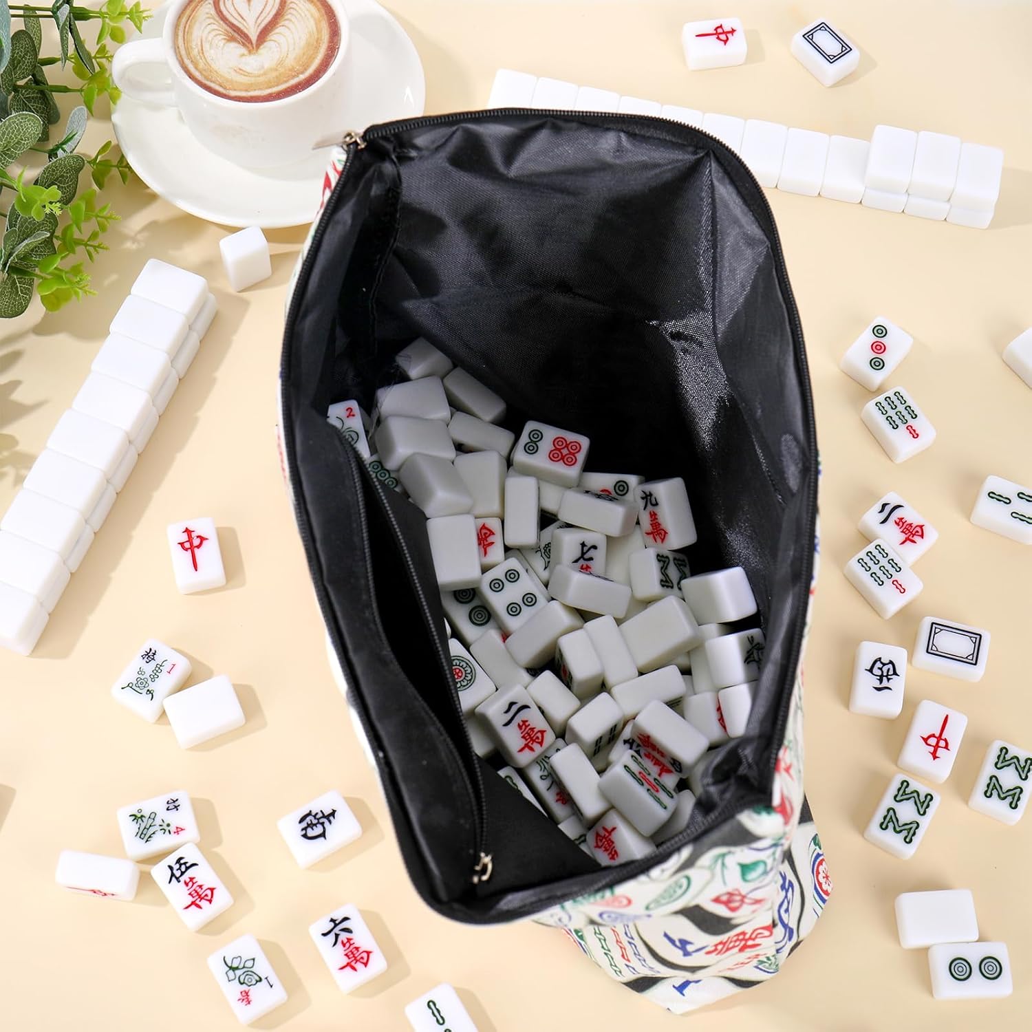 FYSUIMU Empty Mahjong Tile Bag Black Printed Zipper Mahjong Case Tile Storage Holder Pouch for Travel Party Game Accessories