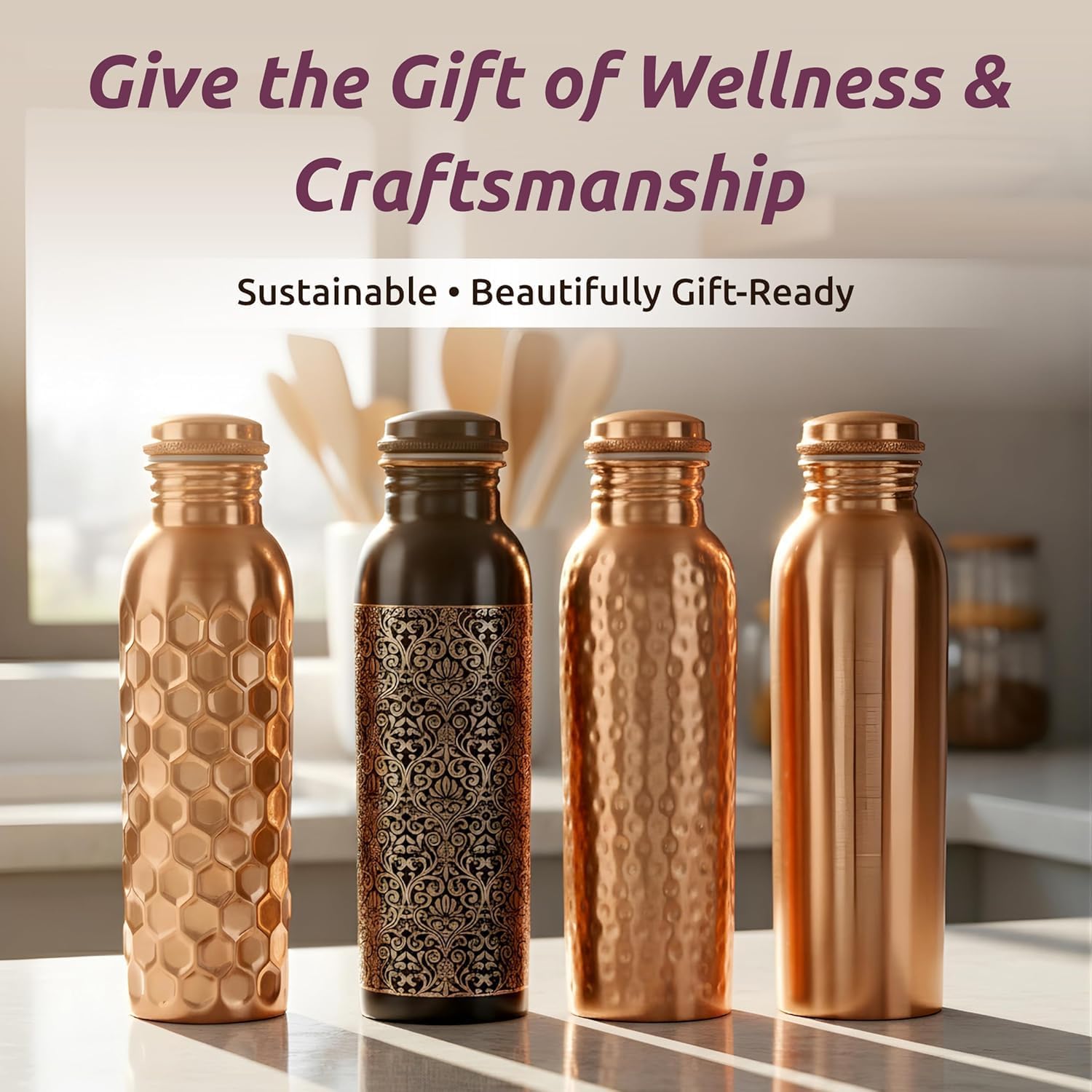 Pure Copper Water Bottle 34 oz (1000ml) Handcrafted Hammered Ayurvedic Copper Bottle for Drinking Water, Leak Proof Metal Water Bottle for Yoga, Gym, Travel & Daily Wellness
