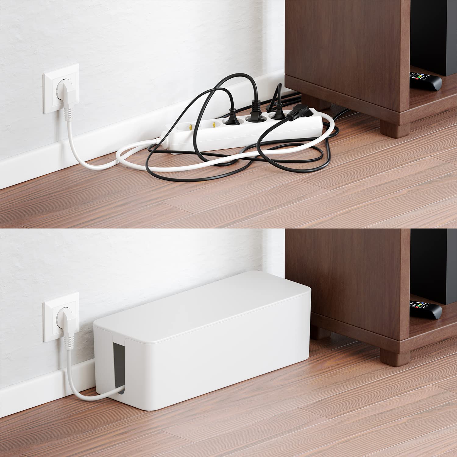 deleyCON Caja para Gestionar Caja Organizadora de Cables 40,5cm x 15,3cm x 13cm Plástico Robusto 2 Guías de Cables Protección y Seguridad Blanco