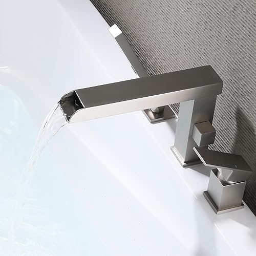 Vista 30 de Grifo de bañera romana en cascada con ducha de mano, grifo de bañera negro mate, 3 agujeros, relleno de bañera generalizado, montaje en cubierta