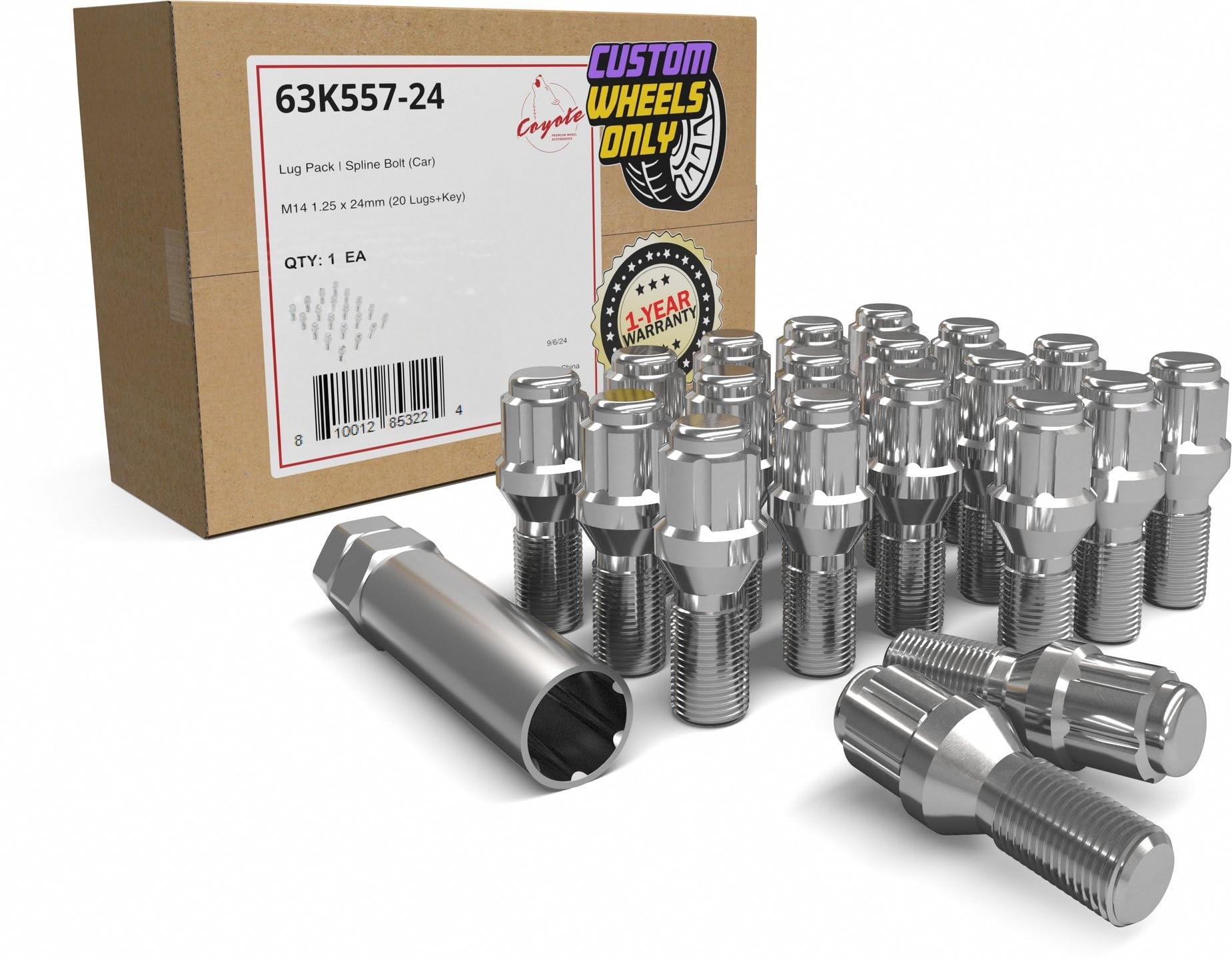 Wheel Accessories Parts 20 Pcs Lug Bolt Set M14 x 1.25 Thread Acorn Seat Lug Bolts Chrome Finish 24mm Shank Length 6 Spline Car fits Mini Cooper