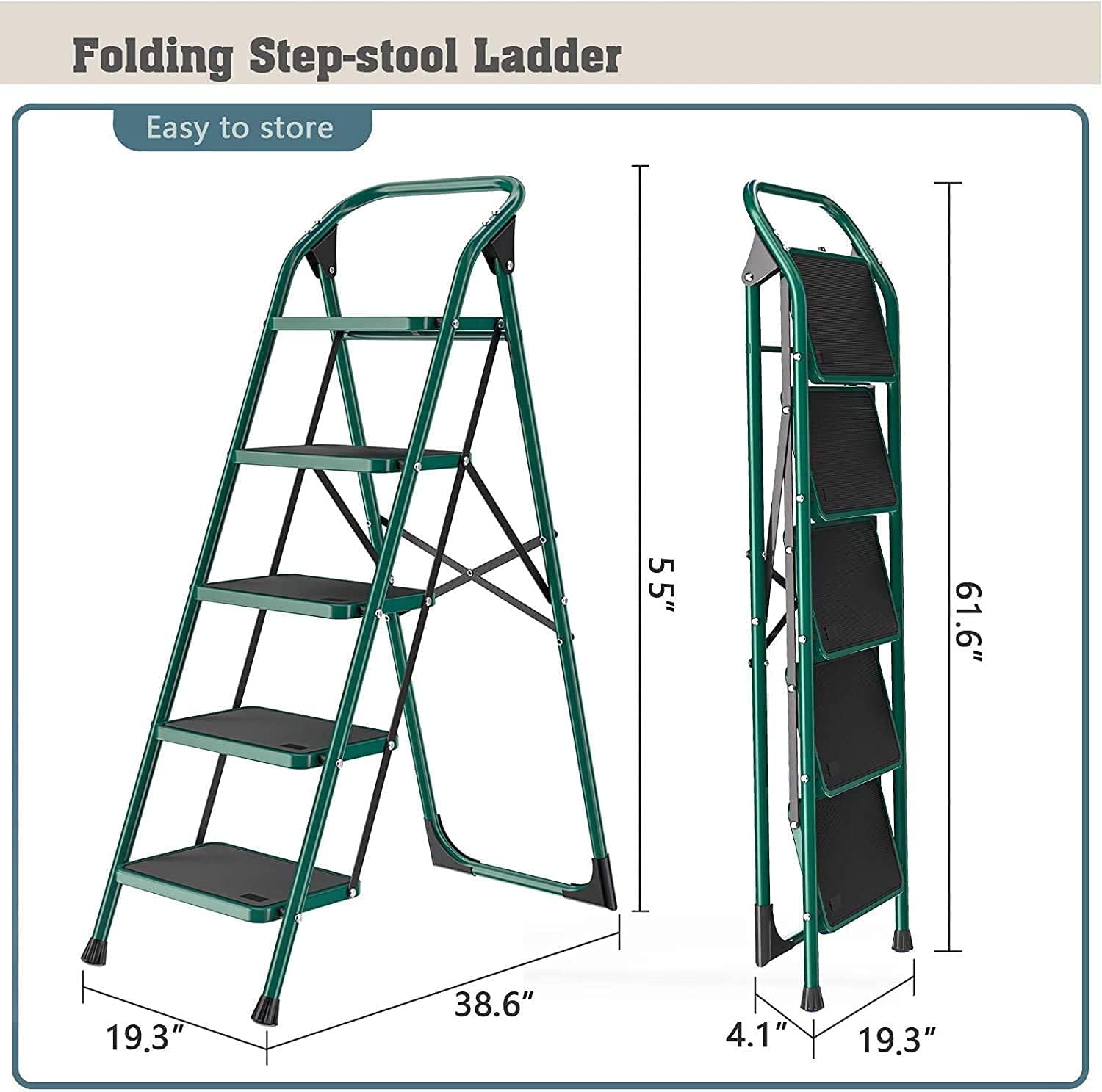 5 Step Ladder, Folding Step Stool w/Non-Slip Rubber Feet, 330lbs Load Sturdy Steel Foldable Ladders, Lightweight Portable Stool Stairs, Multi-use Ladder Stand for Household and Office - - 
