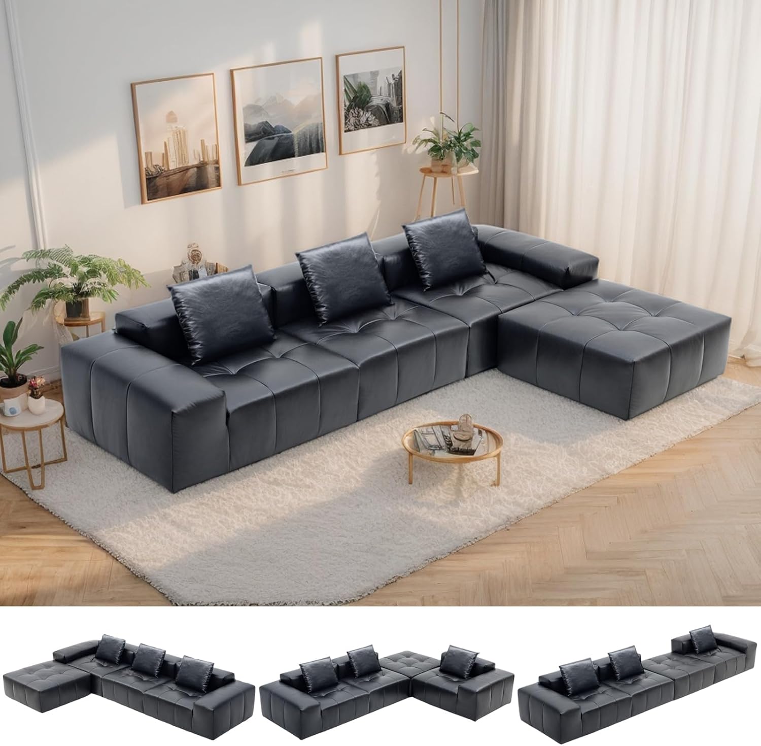 MEISIMAN 136" Leather Couch, L Shaped Couch - Sectional Couches with Ottoman, Modular Sectional Sofa & Memory Foam Cloud Couches for Living Room, No Assembly Required (Black Leather)