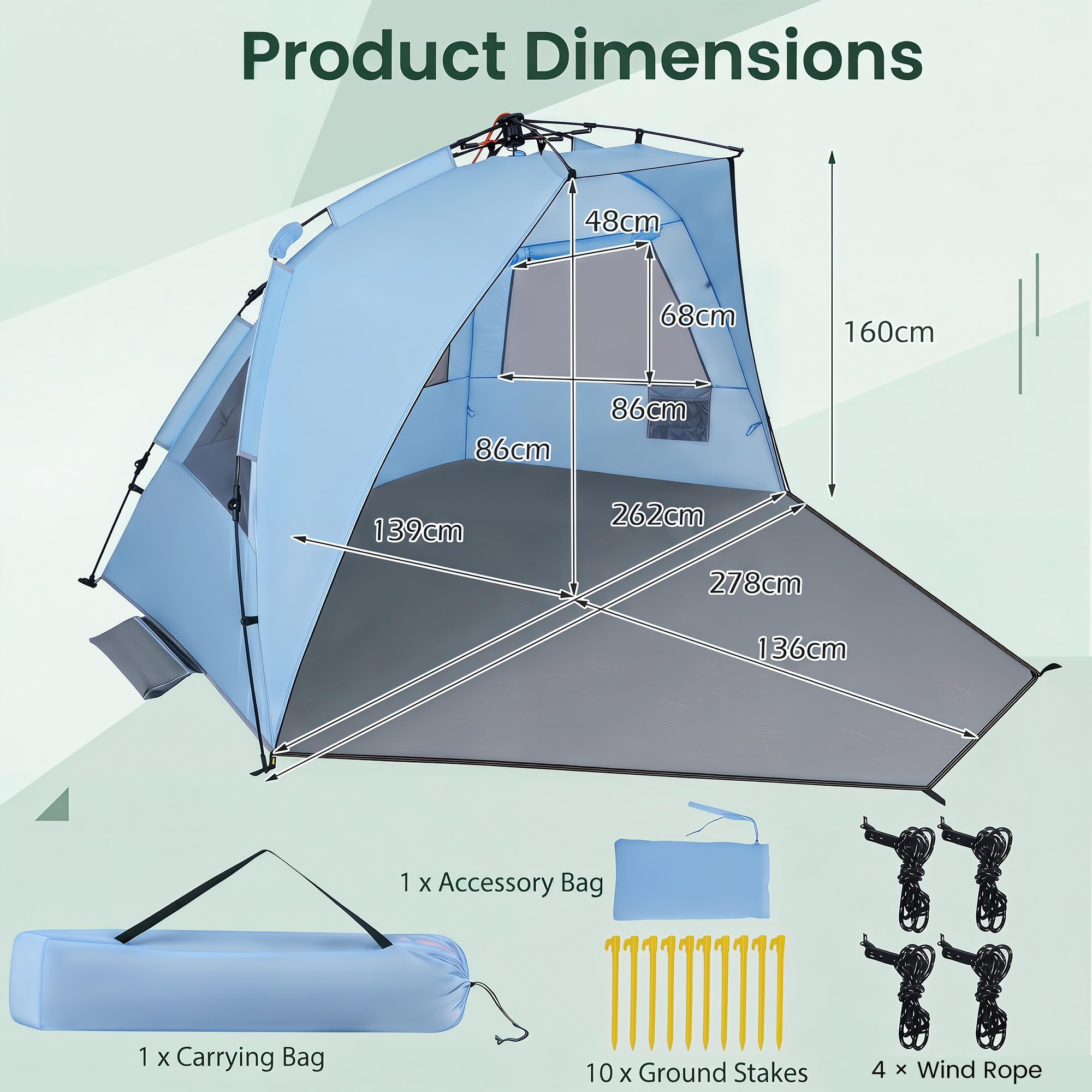 HOMASIS Tenda da Spiaggia a 3 Posti, Tenda Pieghevole Pop up Resistente e Antivento con Finestre e Tasce, in Tessuto Impermeabile, con Borsa da Trasporto, per Campeggio e Mare, 278 x 140 x 160 cm, Blu
