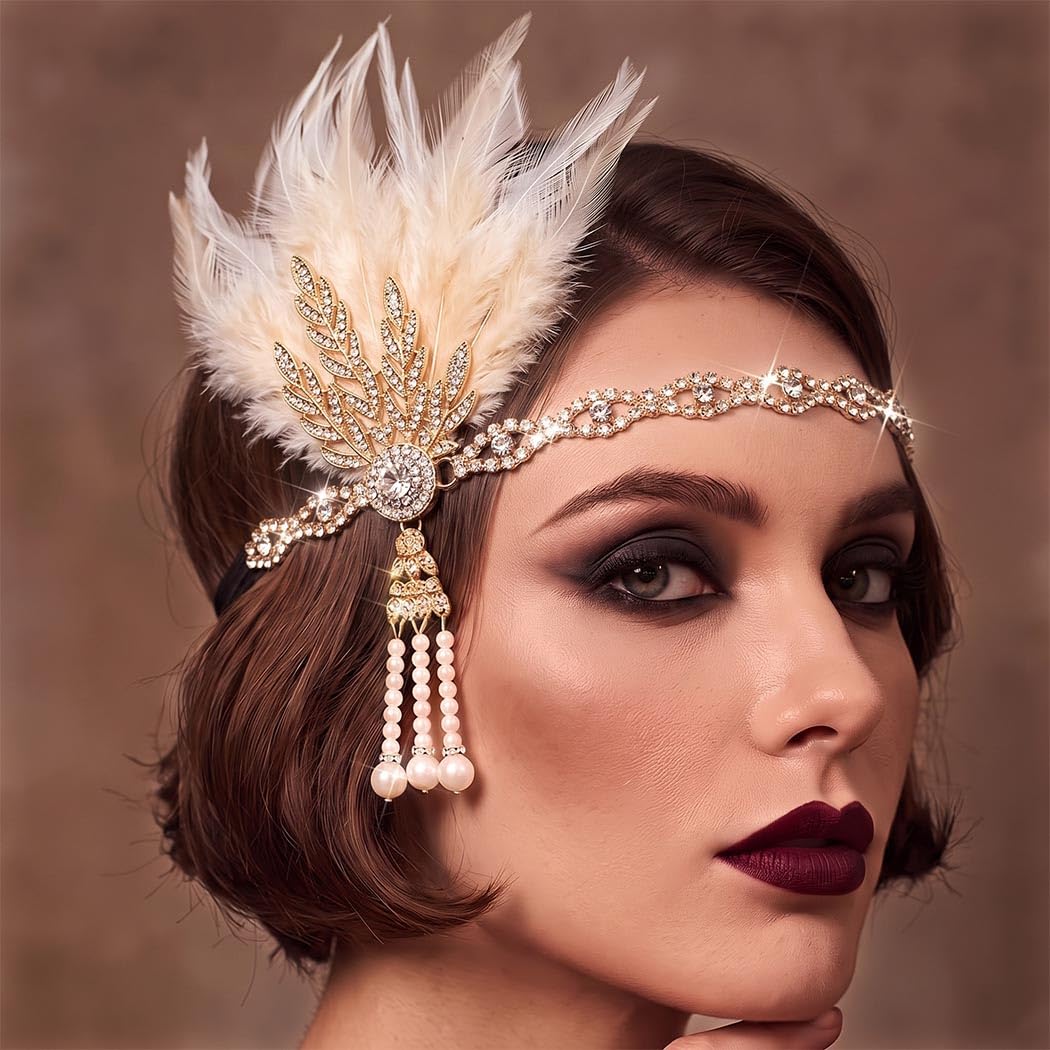 CASDRE Gold Feather Pearl Headband 1920s Headpieces Crystal for Women
