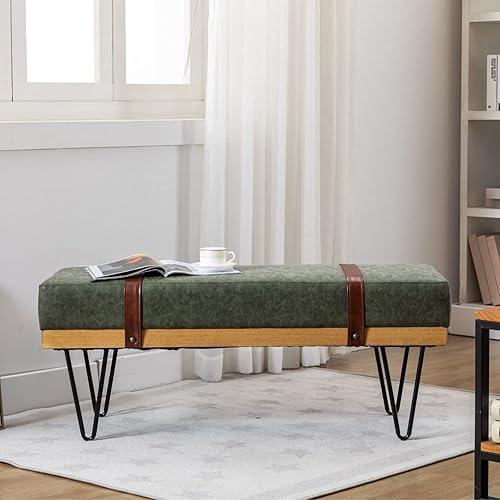 Miniatura 7 de LukeAlon Cómodo banco de entrada largo de piel sintética, acolchado para dormitorio, banco otomano moderno con dos correas y patas de horquilla de