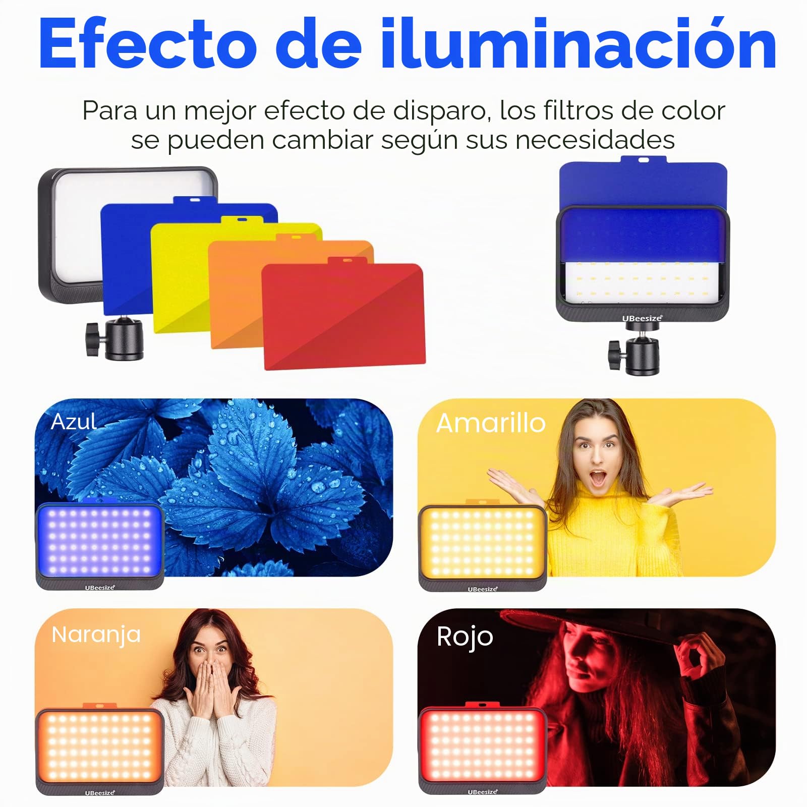 UBeesize Foco Fotografia, 2piezas Kit de Luz LED de Video Iluminación Continua Regulable de 6000K con Trípode y Filtros de Color Focos para Grabación de Video, Disparo