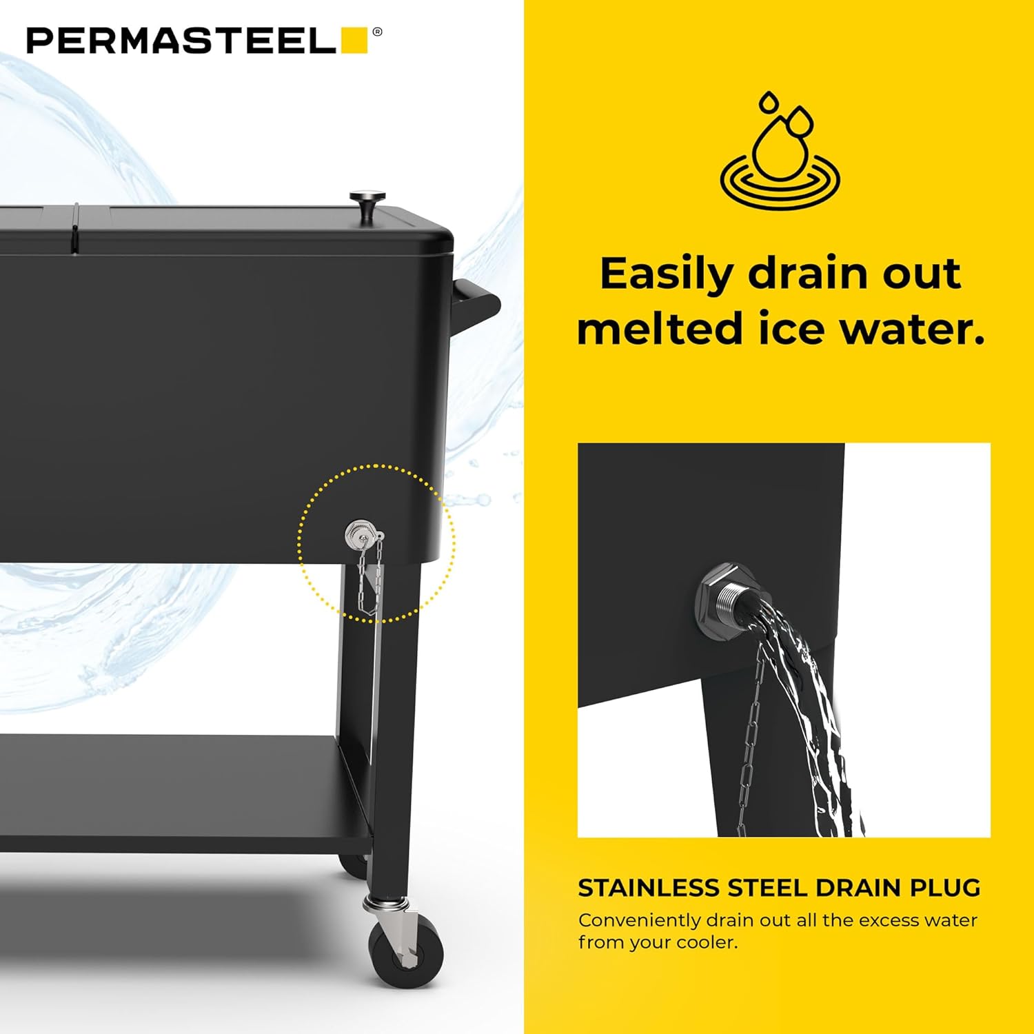 Permasteel Party Cooler with Divider, Removable Basin, Spacious 80-Qt Capacity, Chills 36hrs, Serving Tray, Rolling Ice Chest for Indoor & Outdoor