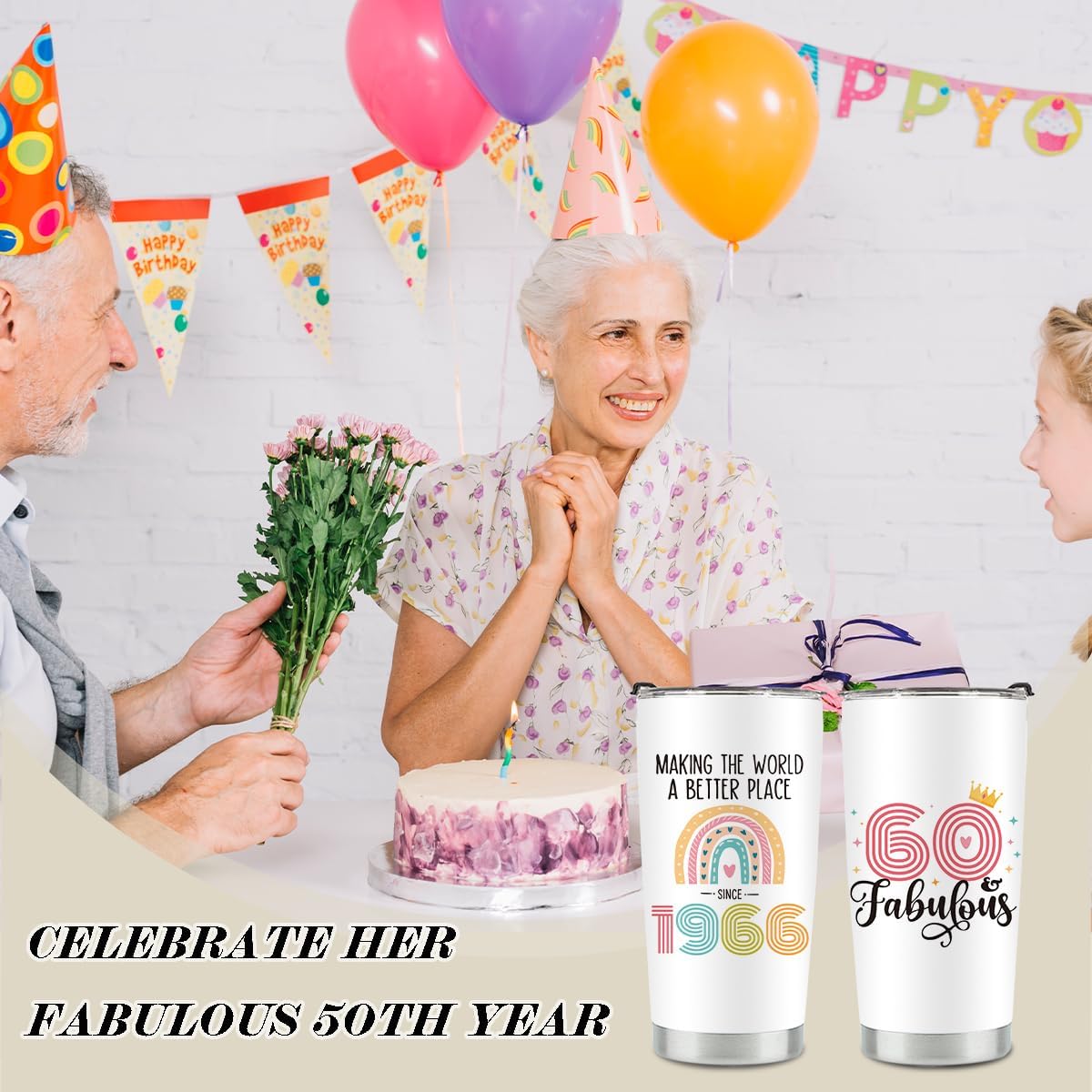 60th Birthday Gifts for Women, 1966 60th Birthday Decorations for Woman, 60 Year Old Gift Ideas, Turning 60, 20 oz Stainless Steel Vacuum Insulated Tumblers - Image 4