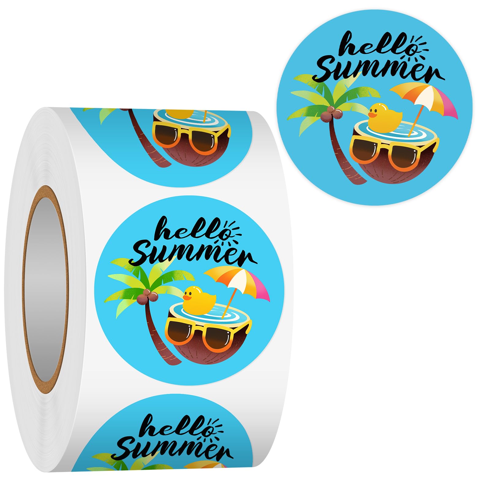 Heyfibro 500 PCS 1.5 Inch Hello Summer Stickers Roll for Adults, Gift Packing, Cards, Candy Bags, Envelopes, Party Supplies（Coconut Tree）