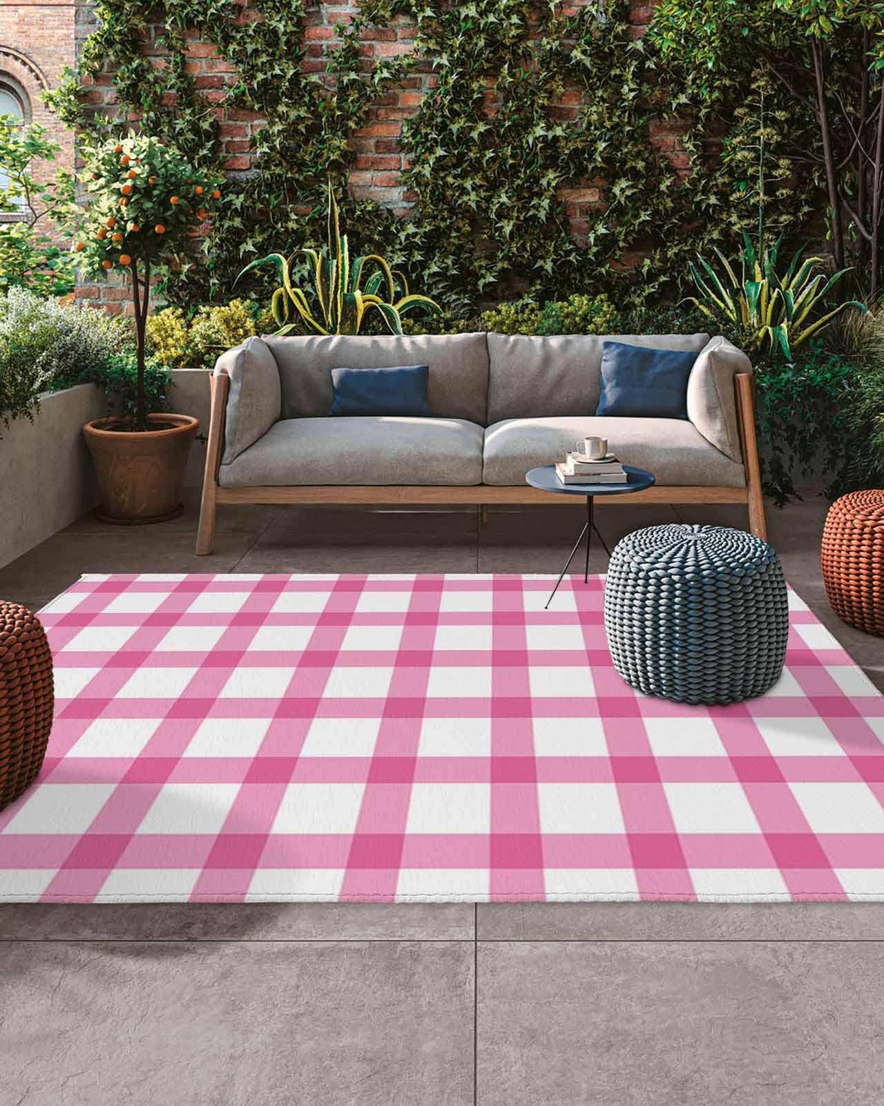 Amazon.com: Outdoor Rug Carpet Indoor Area-Rug Pink Buffalo Plaid