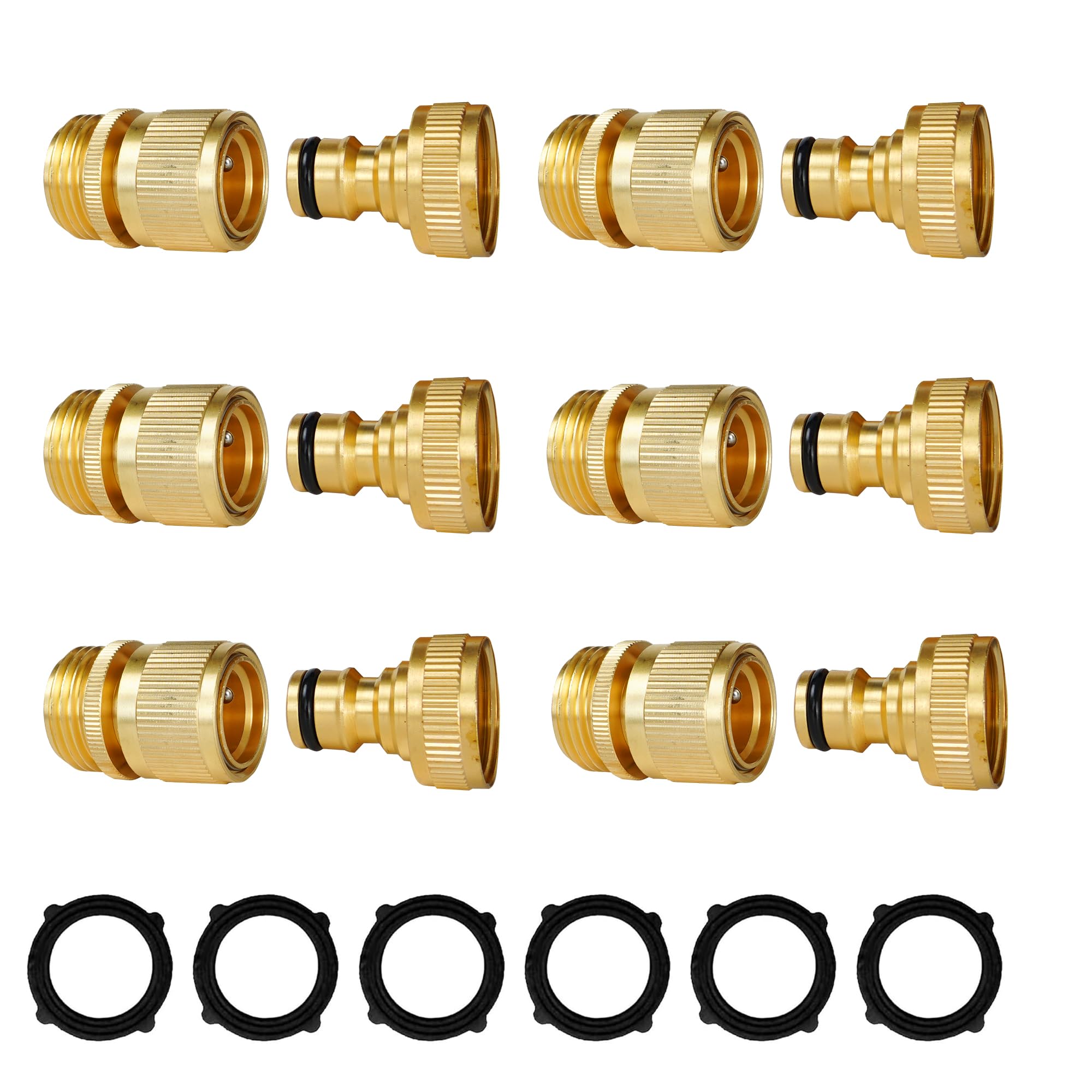 Hourleey Garden Hose Quick Connect, 6 Set Solid Brass 3/4 Inch GHT Thread Garden Hose Quick Connect Fittings, No-Leak Male and Female Water Hose Quick Release Connectors