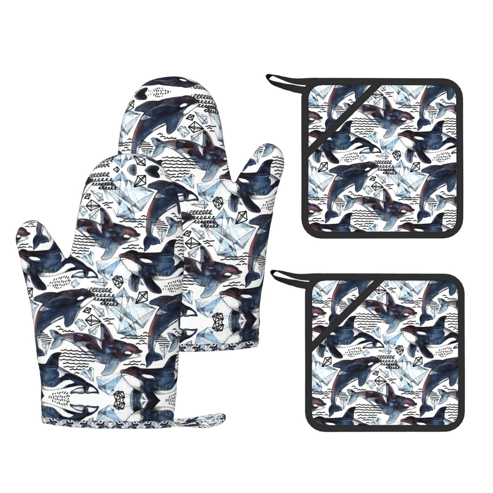 Killer Whale Printed Oven Mitts with Pocket and Hot Pads, Silicone Non-Slip Kitchen Gloves for Baking BBQ