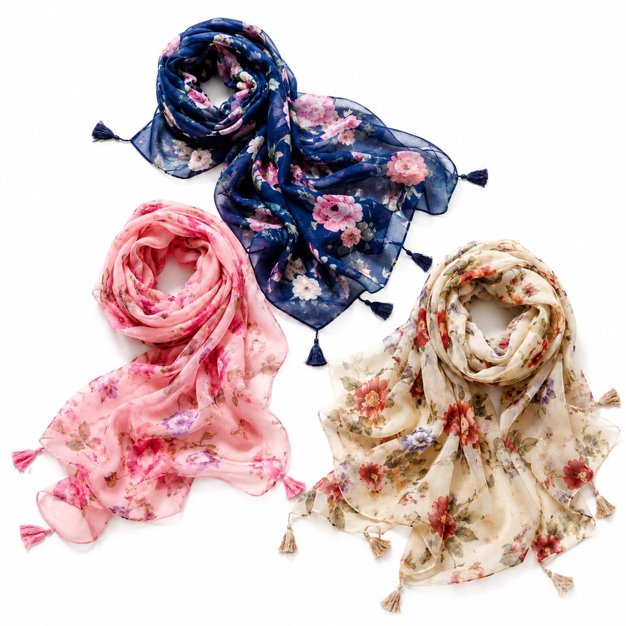 Women’s Floral Printed Chiffon Scarf Combo Pack of 3 | Soft Lightweight Viscose Cotton Blend Stoles for Girls & Ladies | Stylish Tassel Dupatta Wrap for Casual, Travel & Ethnic Wear
