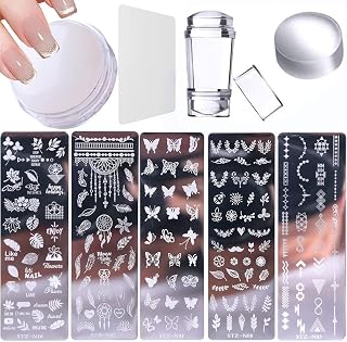 8 Pcs Nail Stamp Template Kit, with 1 Stamper 2 Clear Jelly Silicone Nail Stamper for DIY Nail Decor Easy French Style Nail Art Designs, Nail Stamper Stencil Plates Set Manicure Nail Supplies(White)