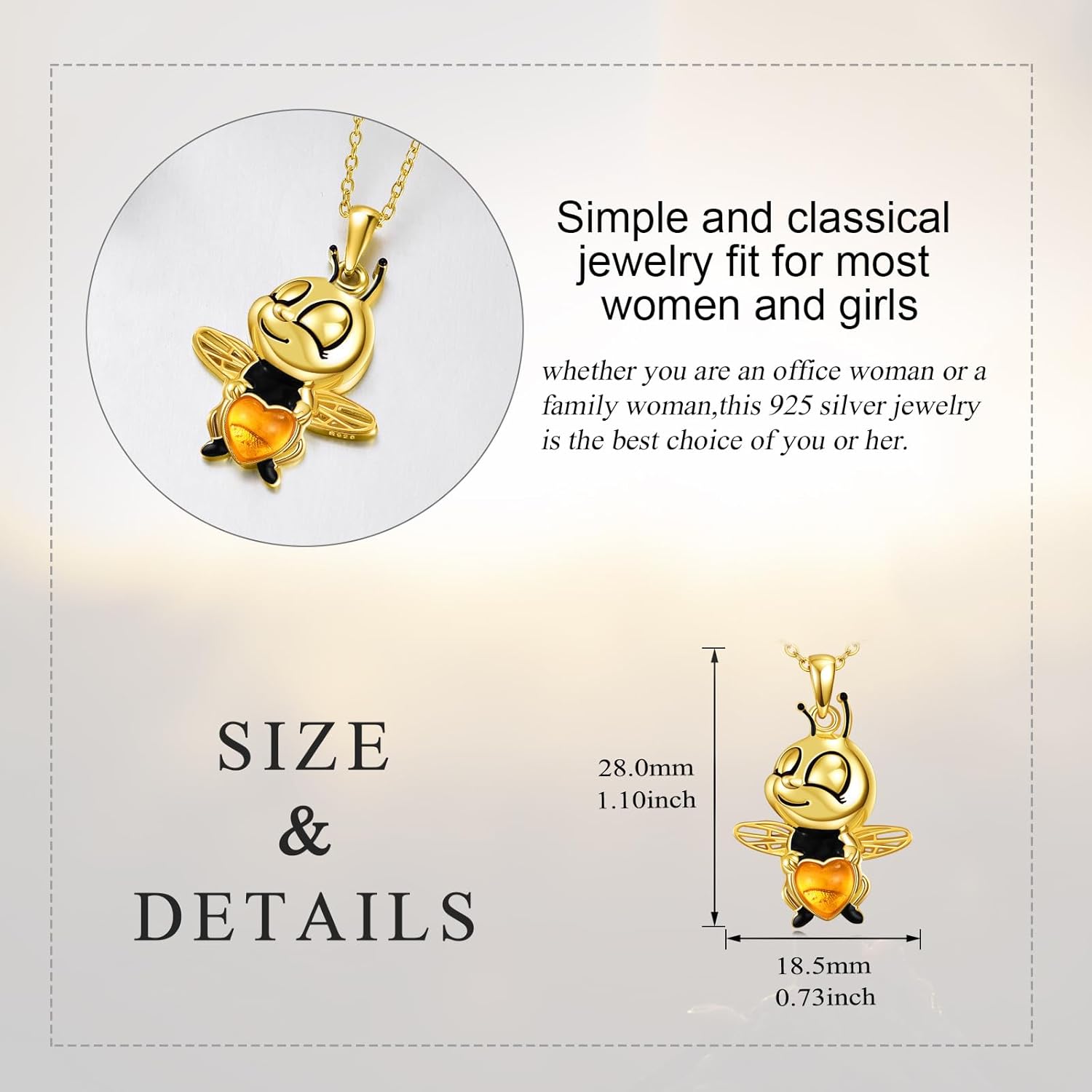 KQF Bee Necklace For Women 925 Sterling Silver Cute Bee Pendant Jewelry Heart Amber Gift - Image 4