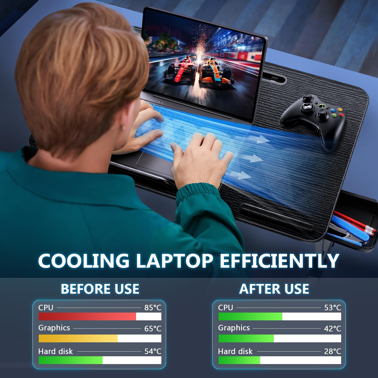 Tavolino Da Letto ICARE Regolabile - Con Ventola PC, Supporto Tablet E Cassetto