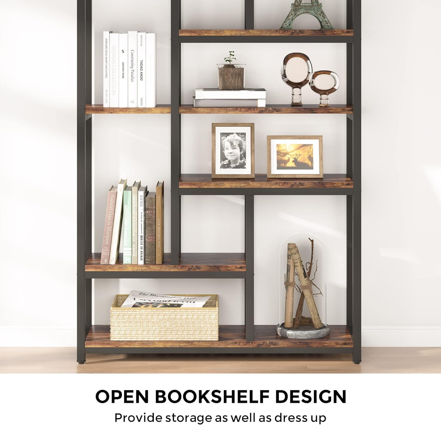 Boekenkast met 6 niveaus, industriële hoge boekenplank met