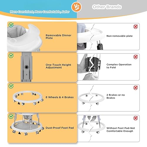 Miniatura 10 de One-Touch - Andador plegable para bebé, chasis redondo de 8 ruedas antivuelco, ajuste de altura de 5 velocidades, con plato grande y freno, andador