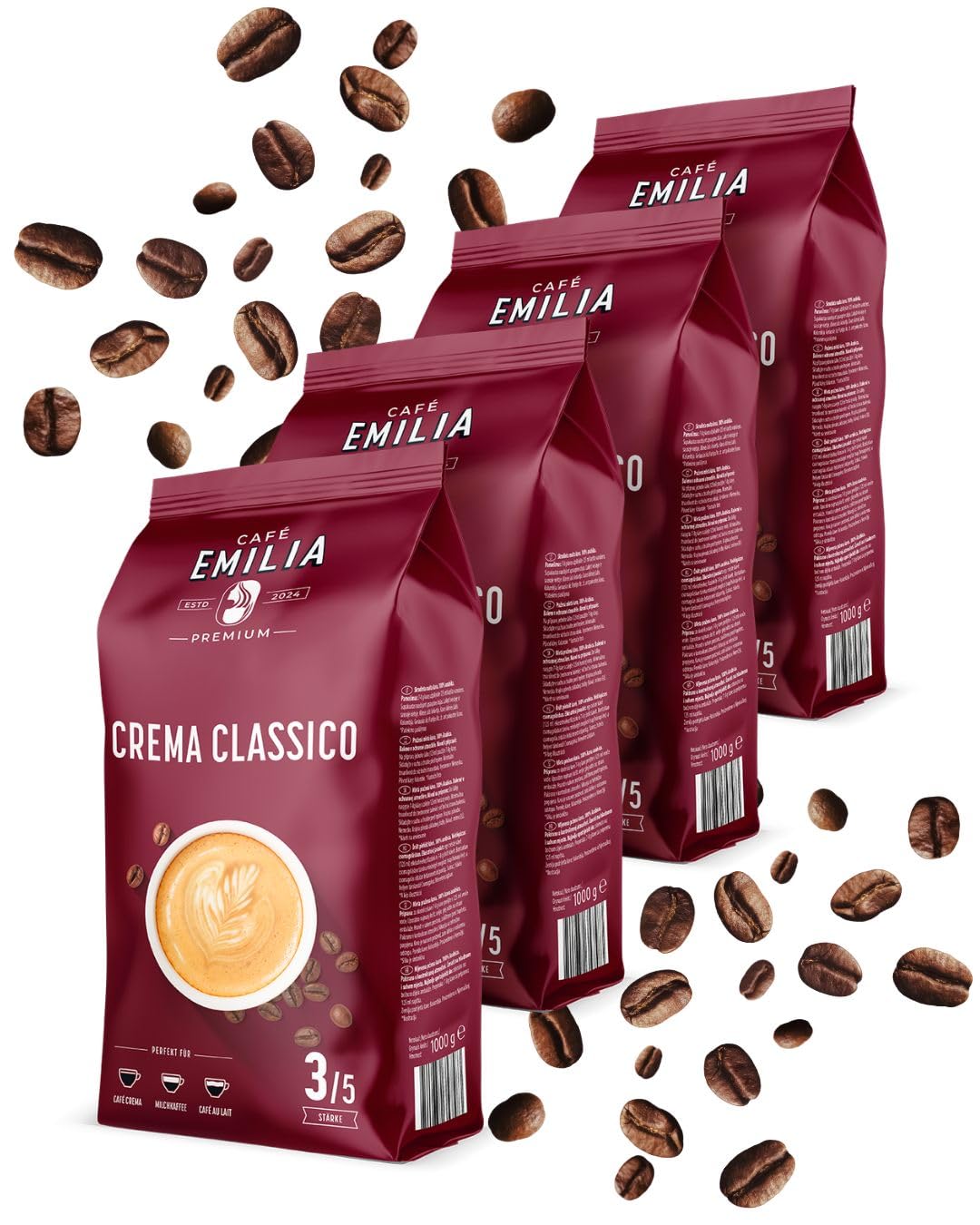 Café Emilia Crema Classico, Kaffeebohnen, Stärke 3/5, 4 x 1 KG | Harmonischer Blend, mittlere Röstung für Vollautomaten & Siebträger, ideal als Café Crema, Milchkaffee oder Café au Lait
