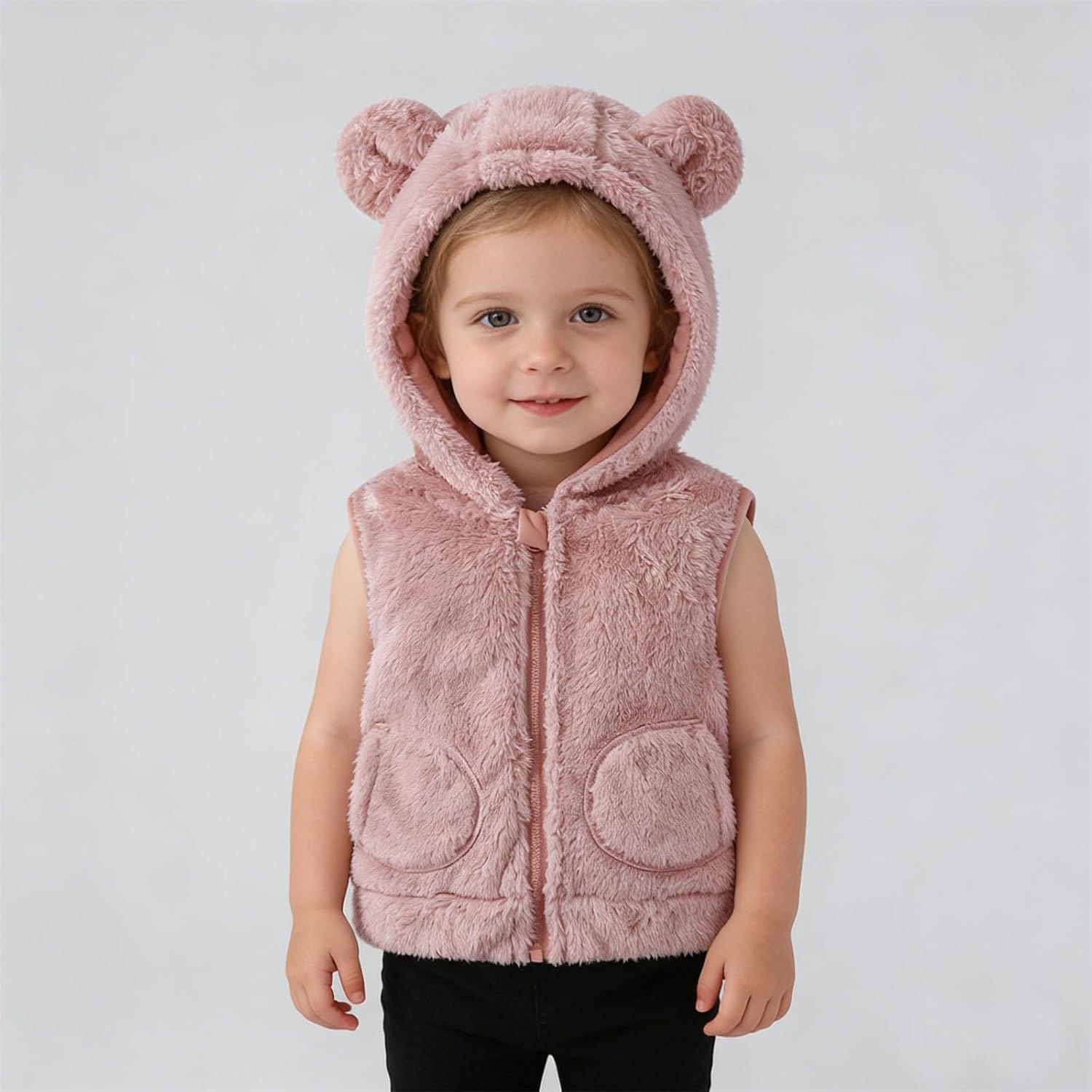 Toddler Boys Girls Fleece Hooded Vest Warm Winter Jacket Sleeveless Bear Ears Coat Jacket with Pocket