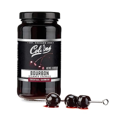 Collins Cerezas de cóctel Bourbon - Guarnición de bebidas para cócteles y postres de Manhattan o antiguos, hecho con whisky galardonado, tarro de