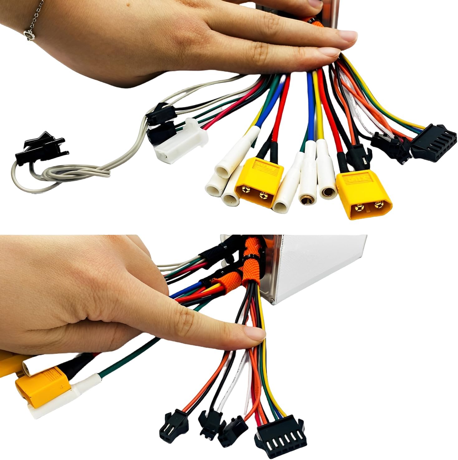 Hands demonstrating controller wiring connections