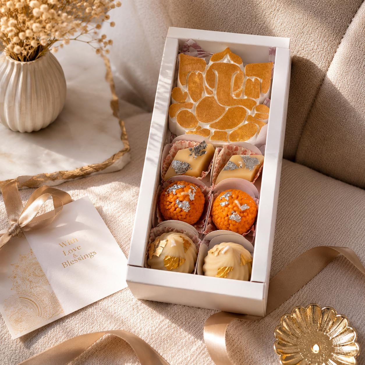 Hello Handmade Ganesh Chaturthi & Diwali Gift Hamper with Concrete Ganesha Idol & Sandalwood Candles | Festive Gift for Family, Friends & Corporate (Ganesha Idol + Sandalwood Dessert Candles)