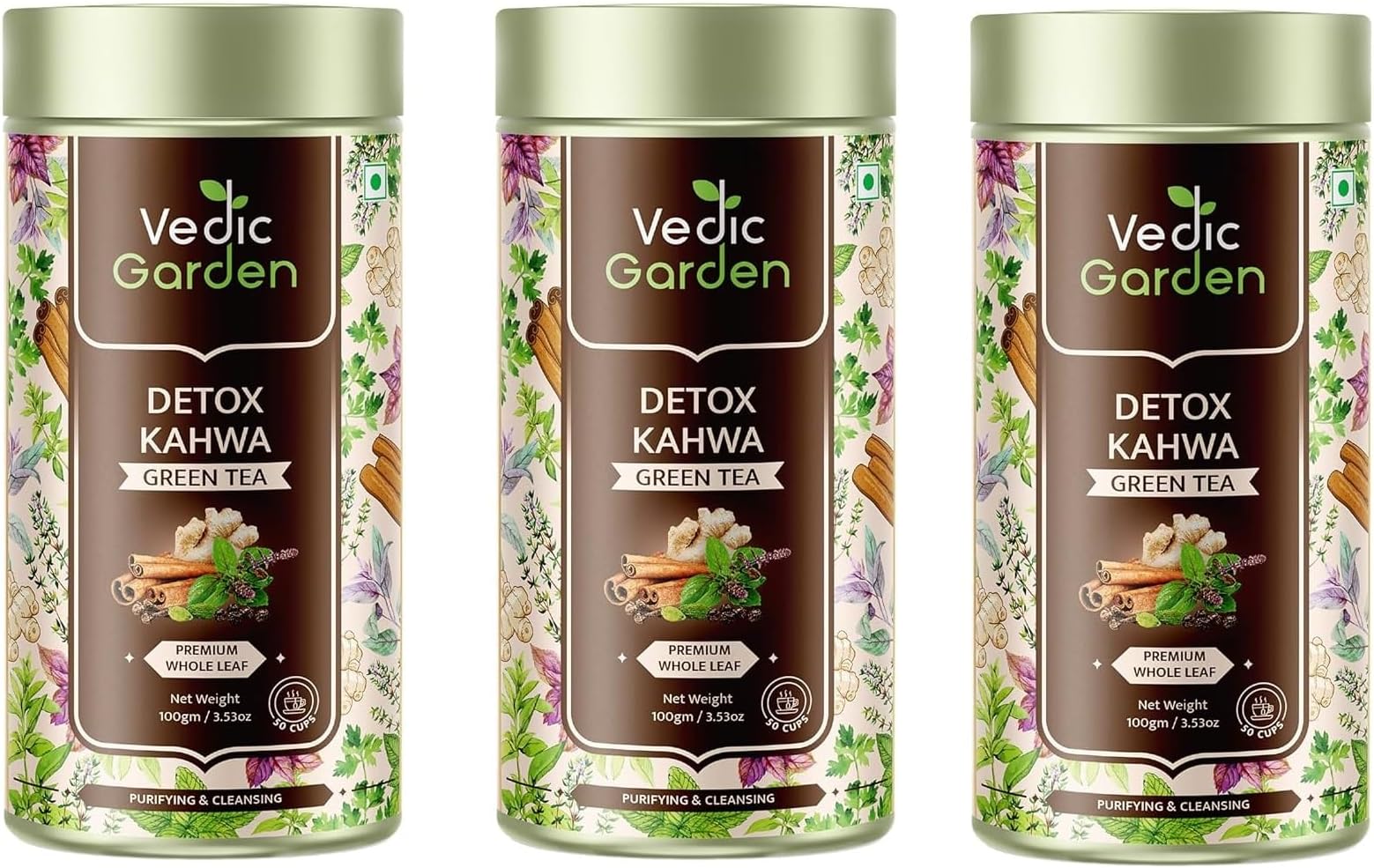 Vedic Garden Detox Kahwa Green Tea 100 GM | 100% Pure Whole Leaf | Immunity Booster | Tea for Glowing Skin | Rich in Antioxidants | Purifying & Cleansing | Special for Cold Relief (Pack of 3)