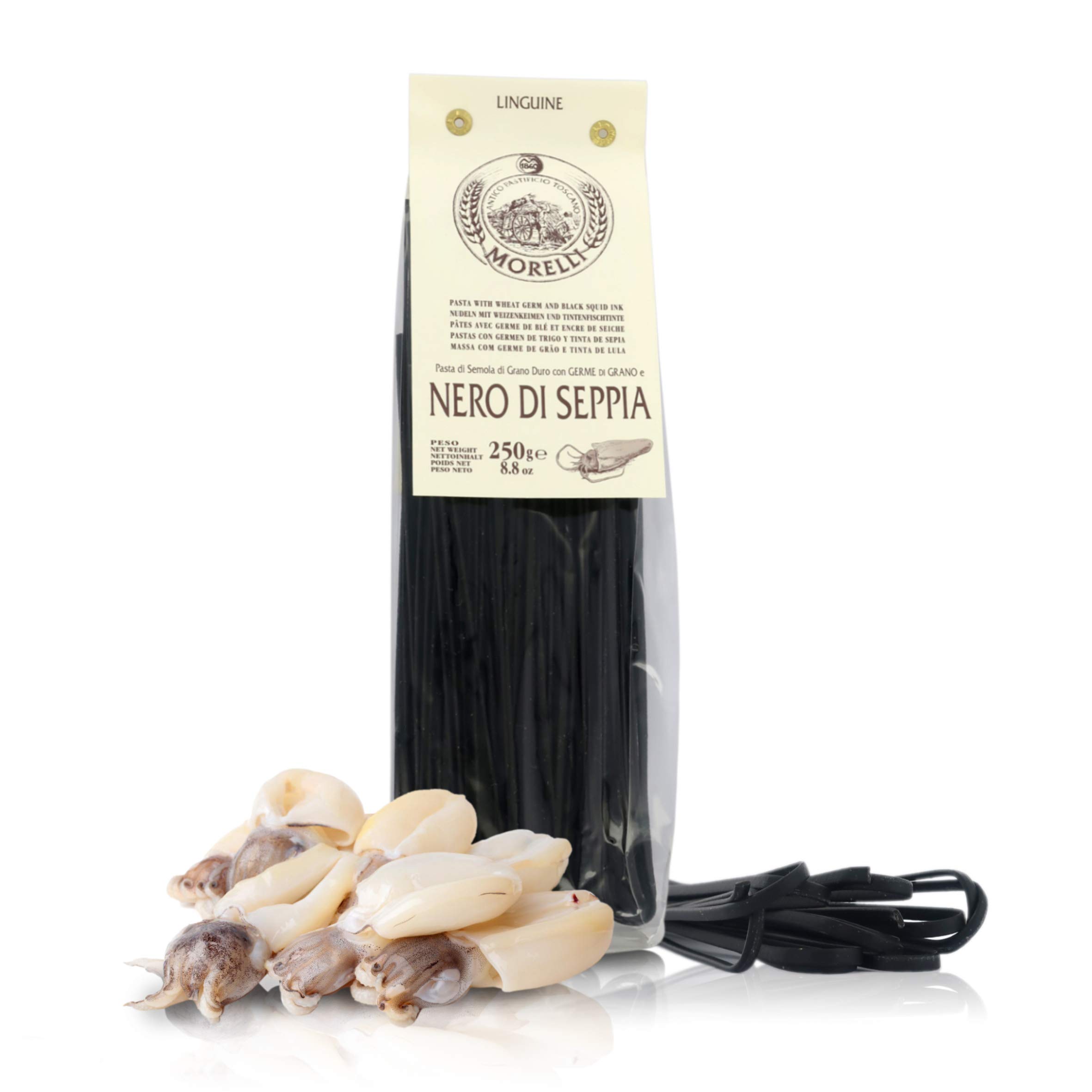 Antico Pastificio Morelli 1860 Srl Linguine al Nero di Seppia, Pasta aromatizzata, 8 Confezioni da 250 Grammi