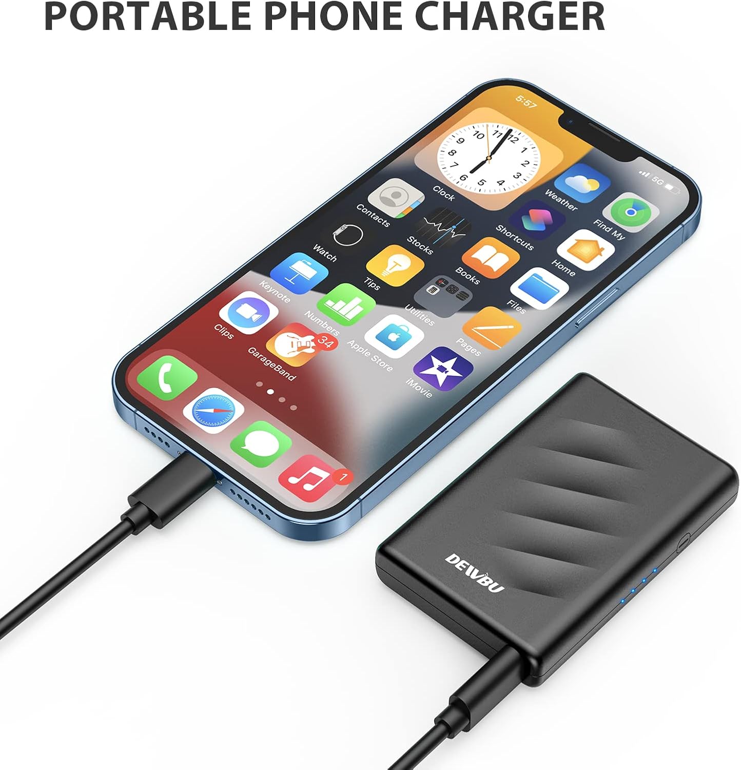 DEWBU Mini Portable Charger connected to a smartphone via USB-C cable, actively charging