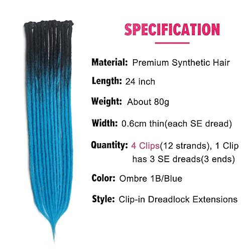 Miniatura 6 de Kyriena Extensiones de rastas sintéticas con clip de 24 pulgadas, 4 extensiones de cabello trenzado de ganchillo de 0.2 in, extensiones de cabello