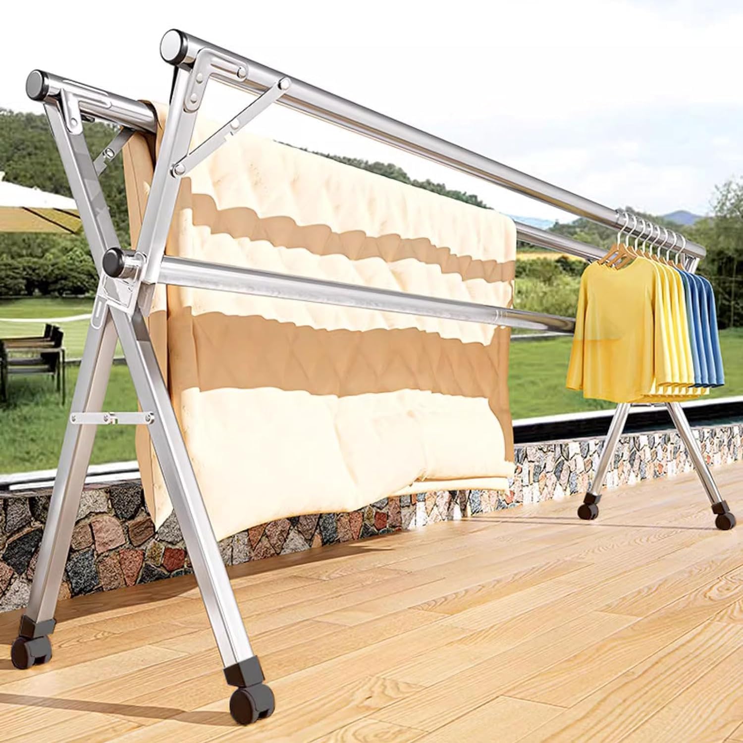 Wäscheständer aus Edelstahl mit 4 Rollen, platzsparender Wäscheständer für den Innen- und Außenbereich für kleine Räume – 240 cm Wäschetrockner für effizientes Trocknen