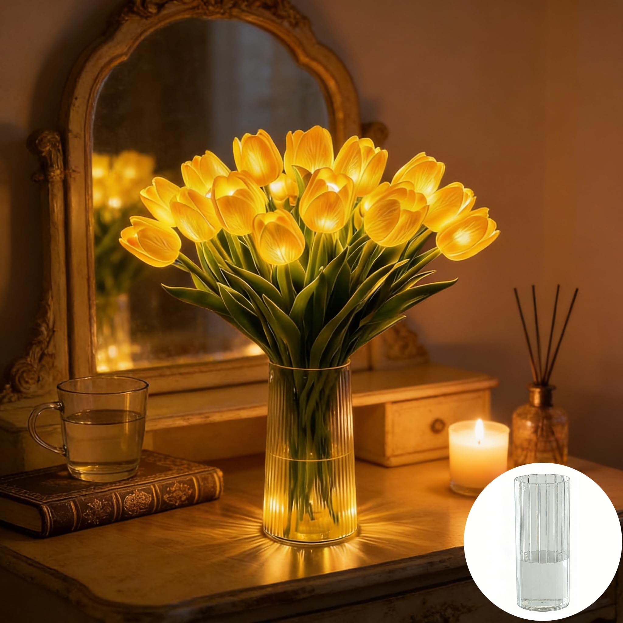 CliffofLove Radiant Romantic Tulip Ligh, 15 PCS Twinkling Tree Tulips Led Night Light that Never Fade, Flower Shaped Ambient Night Lamp for Bedroom Bedside Decor & Gift (Yellow (with Vase))