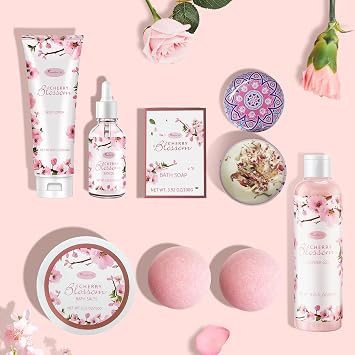 Beautifier Life Bath and Body Gift Set for Women - Luxurious Home Spa Gift Set,Japanese Cherry Blossom 7-Piece Set Including Shower Gel,Body Lotion,Bath Oil,Bath Salt,Soap,Bath Bombs and Candle