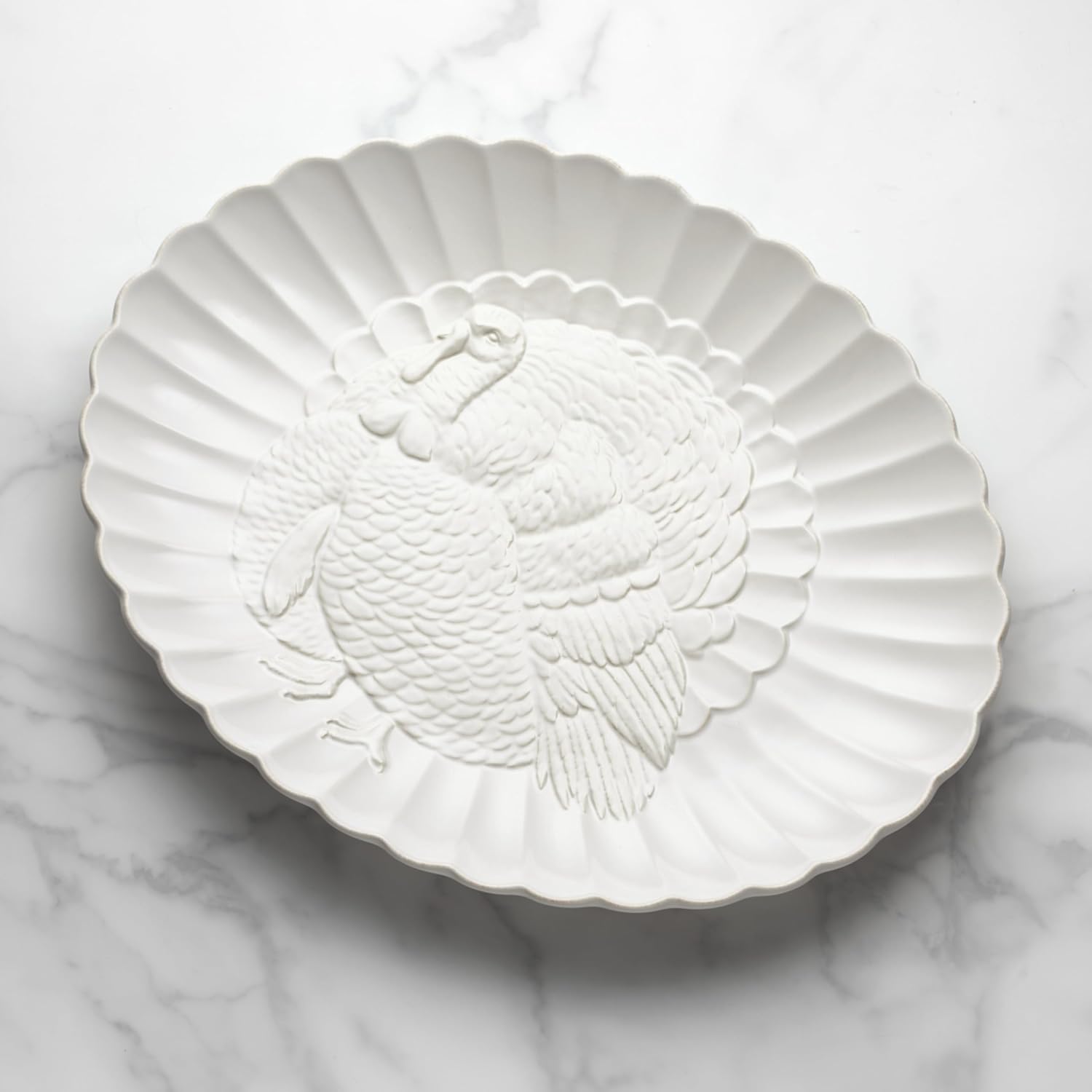 Lenox Serveware, Lenox French Perle Carved Turkey Platter, Scalloped, Oval, 18-Inch, Stoneware, Dishwasher Safe, Turkey Platter for Thanksgiving, Winter Hosting, Christmas Serving (White, 1 Piece)
