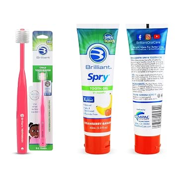 Brilliant Oral Care Bundle; Pack of 1 Child Toothbrush with Soft Bristles, Round Head - Pink & Kids Fluoride Free Toothpaste, Spry Gel with Xylitol, Strawberry Banana Flavor