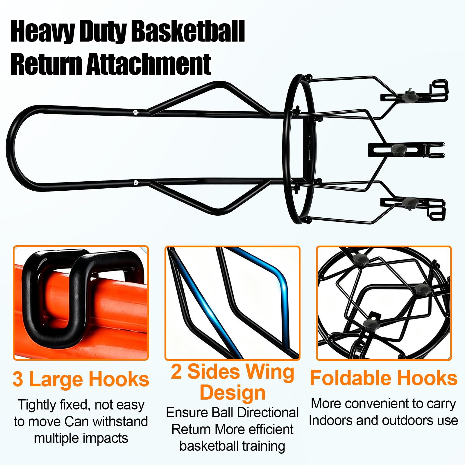 Attacco di ritorno per pallacanestro, girevole a 180°, supporto per palo in metallo resistente con 3 grandi ganci stabili, accessori per allenamento da basket da 45,7 cm, per allenamento all'aperto e