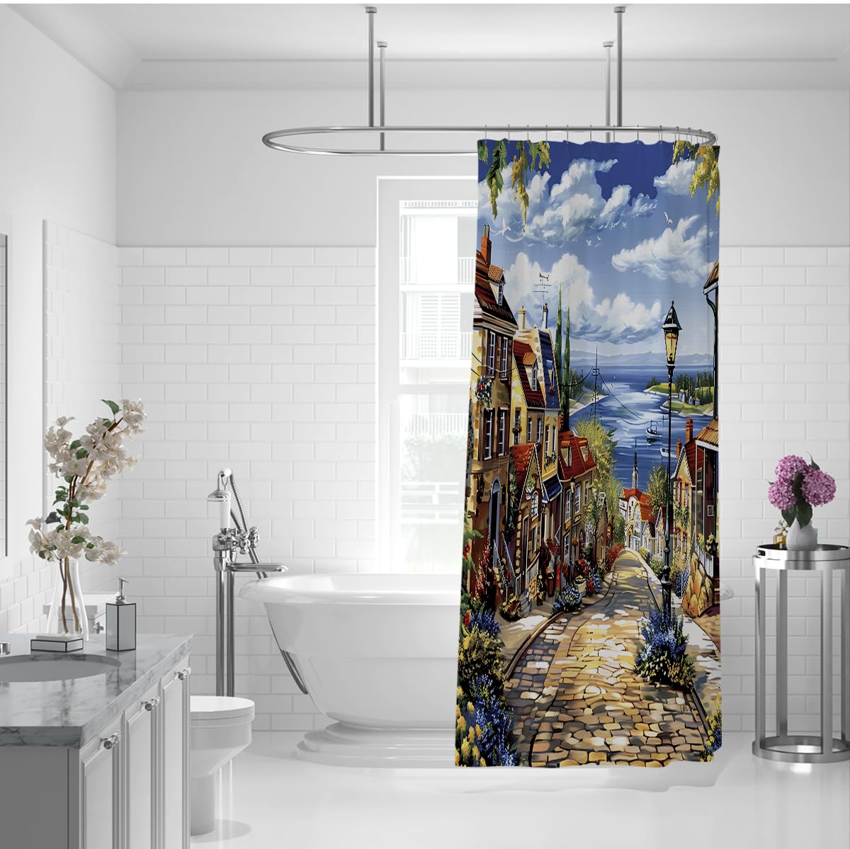 Mittelmeer Duschvorhang europäische Küstenstadt W180xL220 cm