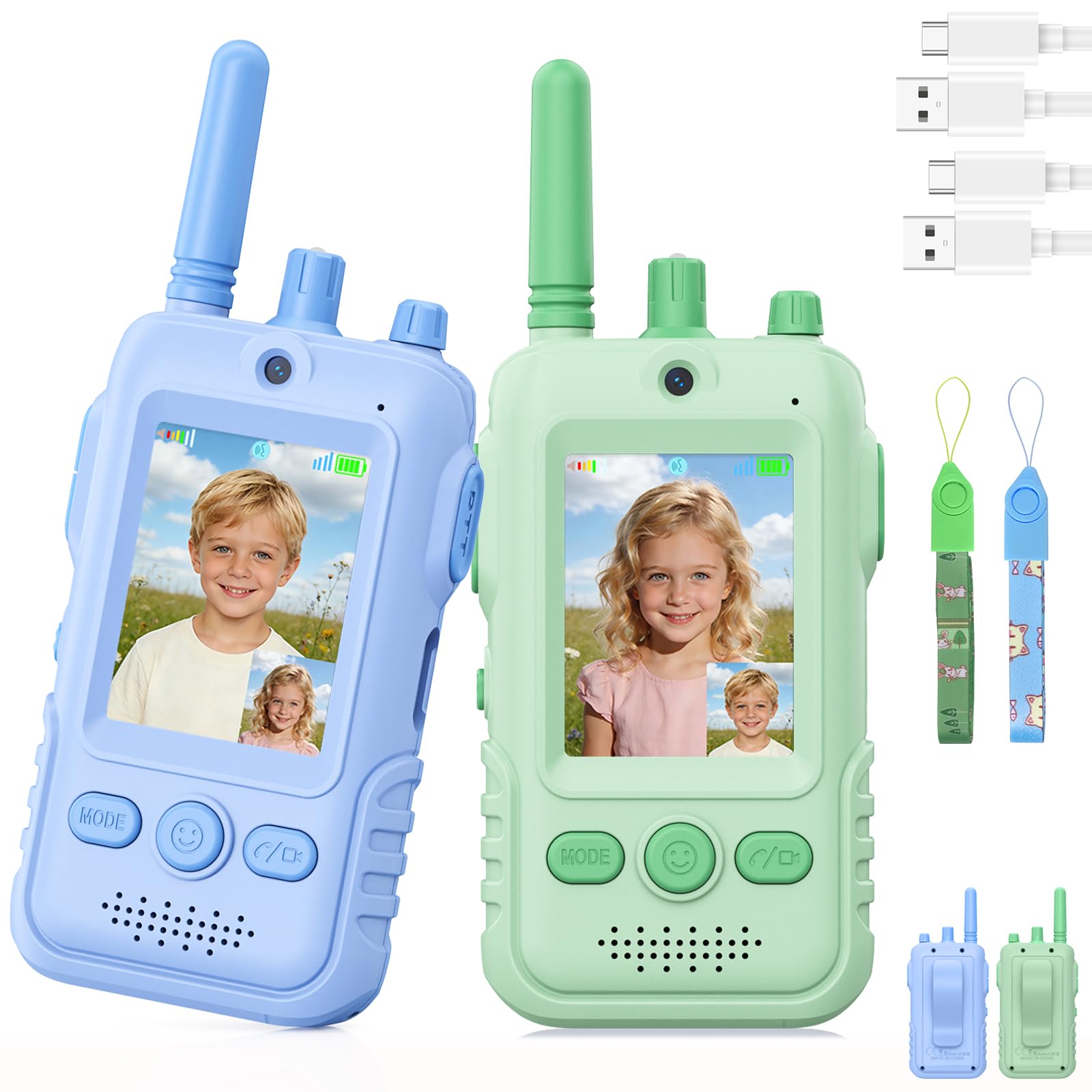 Video Walkie Talkie Kinder mit Kamera, Sehen & Sprechen Gleichzeitig, 2er Set Aufladbar mit Gürtelclip & Taschenlampe, Outdoor Abenteuer Spielzeug Jungen Geschenk für 3-8 Jahre Garten & Camping
