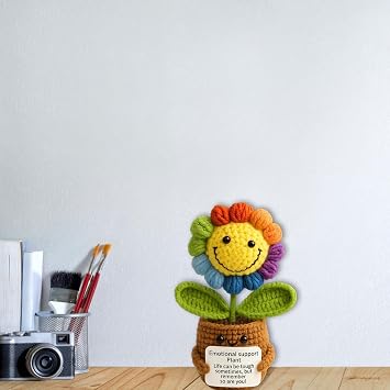 1Pcs Emotional Support Gift, Handmade Crochet Sunflower, Unique Home Decor for Plant Lovers, Colorful Crochet Plants Gift for Office or Living Space