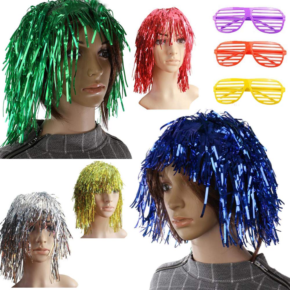 Foil Tinsel Wig and Shutter Shading Glasses for Fancy Dress Shiny Party Costume Cosplay Photo Props