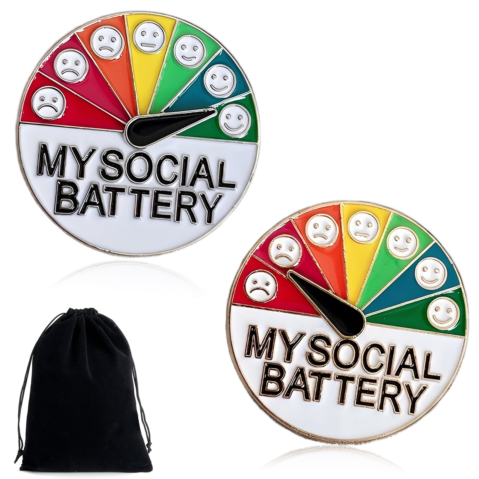 Pin Batería Social, 2 Piezas Broche de Estado de Ánimo Divertido para 7 Días, Pin Social Battery Interactivo de Metal con Bolsa de Terciopelo, Pines para Ropa y Mochilas, Oro y Plata