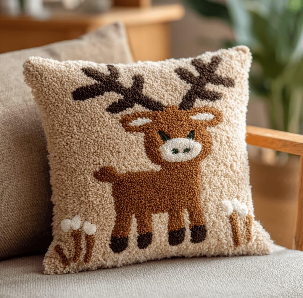 Kitquiver Latch Hook Cushion Kits Elk 43X43Cm Latch Hook Pillow Case Kits Embroidery,DIY Needlework Pillow Cover Sofa Cushion Rug Making for Adults and Beginner,Craft Home Decor
